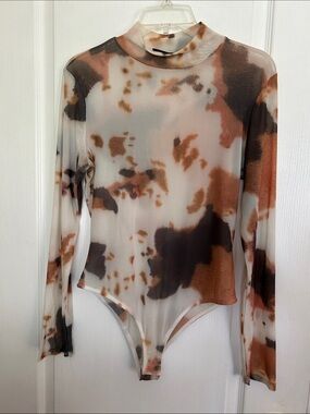Sheer Long Sleeve Mock Neck Nylon Bodysuit - Brown & Cream, Size L